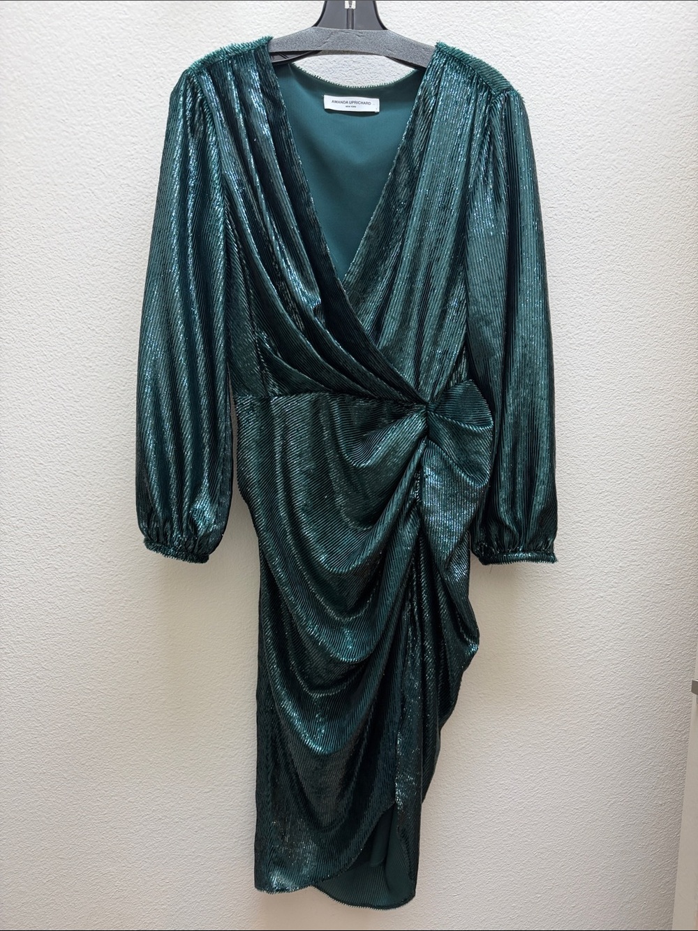 Amanda Uprichard Emerald Green Metallic Draped Long-Sleeve Wrap Dress